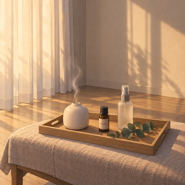 A Calm Kit on an oak tray in a sunlit beige room: a white diffuser misting, a bottle of oil and a linen spray.