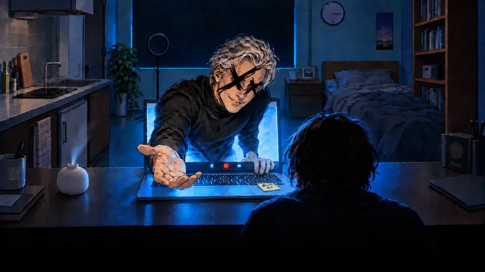 Dalton, his eyes scribbled out in black marker, reaches out of a laptop's video call toward a person hunched at a desk in a dark studio apartment.
