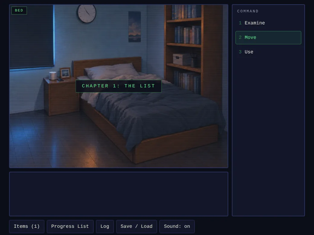 The bed zone: an unmade bed beside a bookshelf in blue light.