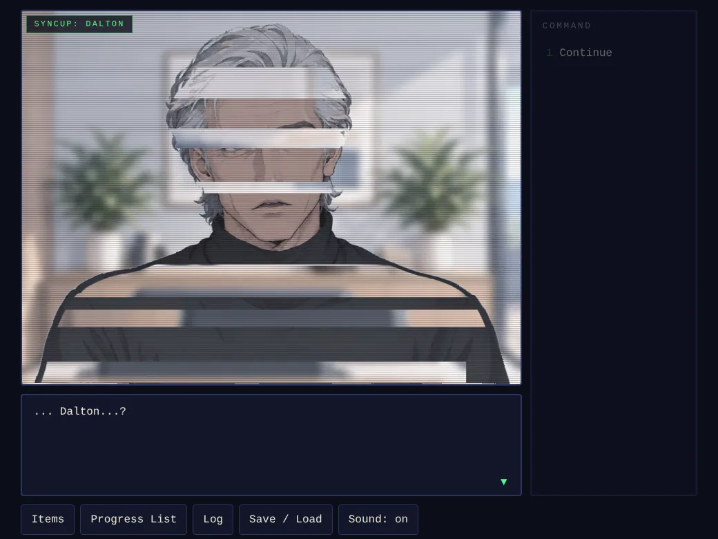 A SyncUp video call with Dalton, his face torn by horizontal glitch bars.