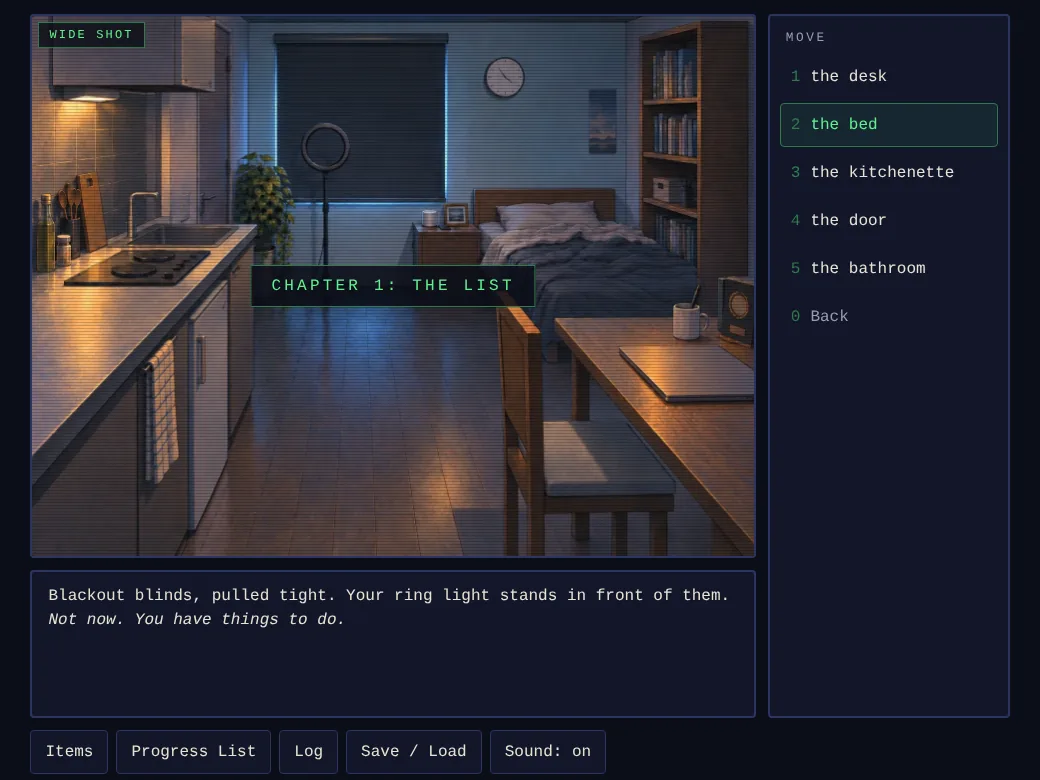 The command menu open over the wide shot of the apartment, listing places to move: the desk, the bed, the kitchenette, the door, the bathroom.