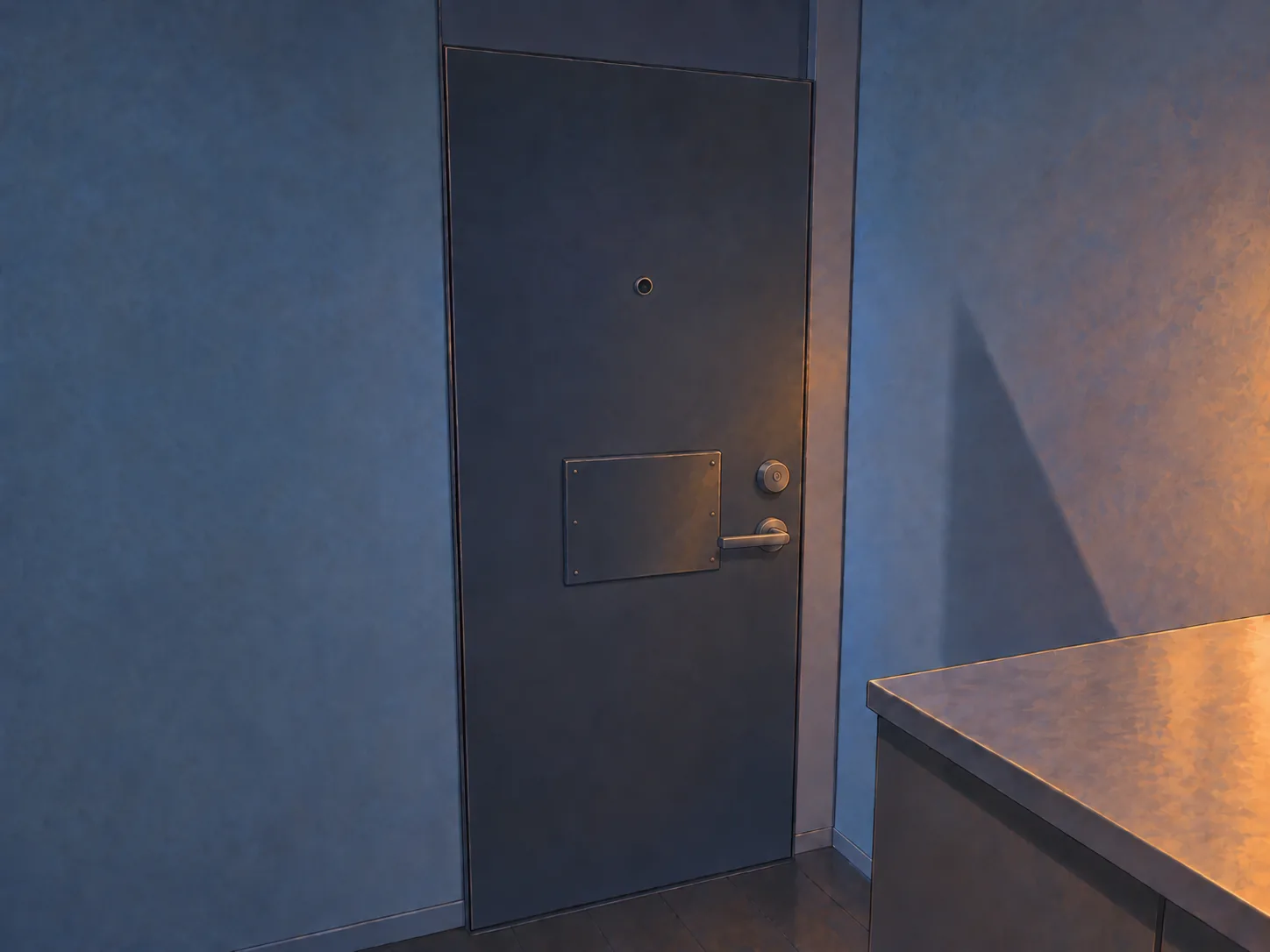 The apartment's front door in blue shadow, a delivery hatch set into it.
